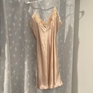 Champagne color Lace Trim silk Chemise with Spaghetti Straps